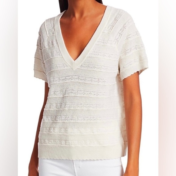 Joie NEW Anoushka Merino‎ Wool Lace Eyelet Short-Sleeve Sweater Porcelain L - Picture 1 of 7